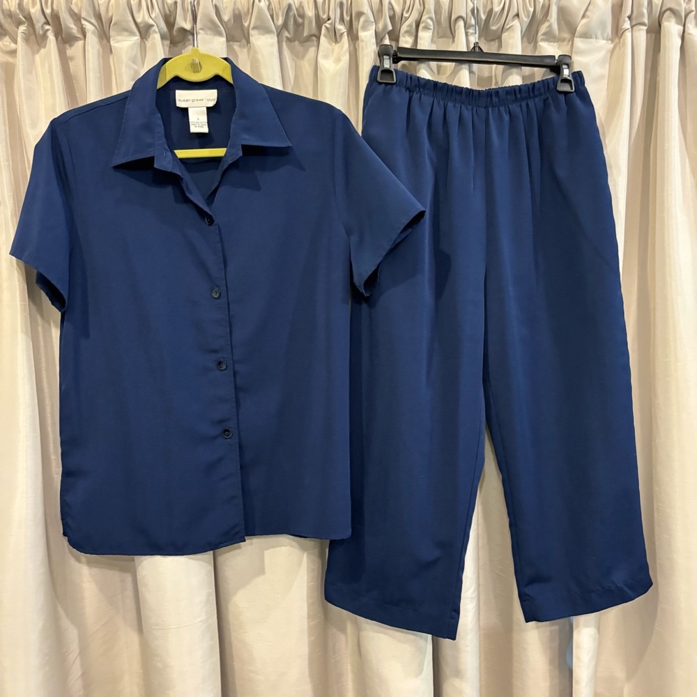 Susan Graver Navy Short-Sleeve Shirt & Wide-Leg Elastic Waist Pants Set, small